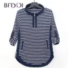 BFDADI Plus Size Autumn Long T Shirts Women Casual Stripe Loose Stand Up Collar Rolled Edge Design Tees Tops 210317