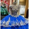 Luxo Royal Blue Quinceanera Vestidos 2022 Apliques dourados Minchados vestidos de baile de trem Puffy