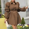 Casual Dresses 2022 Long Sleeve Blouse Dress Elegant Fashion Puff Waist Belt Cardigan Mini Shirt Party Club Street Wear Fall