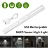 Nachtlichten 20 LED -licht USB Oplaadbare infrarood PIR Motion Sensor Lamp voor kastkast garderobe trap keuken slaapkamer