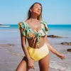 2022 Flounce Biquini Badkläder Hög midja Ruffled Sexig bikini Set Floral Beachwear V-ringad baddräkt Kvinnor Två stycken Baddräkt