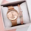 Orologio da donna di marca di lusso Orologio da polso ondulato con diamanti Set di braccialetti Orologio da polso al quarzo in oro rosa in pelle casual da donna alla moda