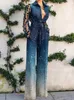 Women's Jumpsuits & Rompers Elegant Button Shine Patchwork Jumpsuit Fashion Lapel Lace-Up Lady Office Romper Vintage High Street Slim Pocket