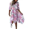 Nouvelle robe élégante ceinture à imprimé floral mince été rabat-down chariot irréguleux robe midi pour streetwear plage l220705