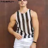 Inderun Men Mesh Tank Tops Striped Transpare Seksowne kamizelki O Bez rękawów Bez rękawów oddychanie letnie topy S5XL 220614