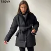 TAOVK Kurze Winter Parkas Frauen Warme Daunen Baumwolle Jacke Weibliche Casual Lose Outwear EINE Gürtel Cottonpadded Mantel 220819