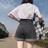 Ftlzz Summer Women Женщины с высокой кнопкой талии Wigh Wigh Legs Shorts повседневная женщина с синими джинсовыми шортами D220611