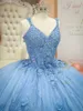 Light Sky Blue Quinceanera Dress 2023 3D Flowers Beading Lace Tulle Puffy Sweet 16 Gowns Vestidos De 15 Anos Lace-Up Corset Back Off-Shoulder Princess Charro Mexican