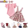3Pcs Baby Girl Clothes Set Summer Born Infant Tinta unita Pagliaccetto Ruffle Abito floreale Tuta Outfit For Toddler Abbigliamento 220507