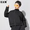 EAM Loose Fit Black Line Split Joint Sweatshirt Stehkragen Langarm Damen Große Größe Mode Frühling 1U153 201202