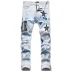 2022-Jeans da uomo Europeo Jean Hombre Lettera Star Uomo Ricamo Patchwork Strappato per la tendenza Pantaloni da moto di marca Mens Skinny