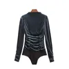 Elegant Woman Slim Velvet Folds Bofysuits Spring Fashion Ladies Shiny Tops Female Vintage Mock Neck Bodysuit 210515