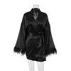 الموضة مثير المرأة النوم رداء ثوب النوم المنزل ملابس ريشة الأكمام كارديجان معاطف أسود الحمام