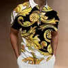 Camisa de impressão de padrões barroco de polos masculino com zíper estilo vintage masculino curto de manga curta camisetas masculinas