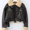 Ailegogo Winter Women Streetwear Faux Lamb Leather Fur Short Jacket with Belt Moto Biker Thick Warm Sheepskin Coat Outwear 220815