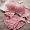 Bras Sets Women Push Up Bra Set Sexy Lace Pink Flowers Embroidery Underwear Padded Adjustable 3/4 Cup Wire Free Comfort Lingerie