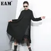 EAM女性ブラックメッシュドットスプリットジョイントドレス新しいスタンドカラー長袖ルーズフィットファッション春秋1B593 210401