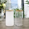 US Stock 16oz Sublimation Glass Mugs Blanks with Bamboo Lid Frosted Sublimation Beer Can Plass Double Wall Tumblers Mason Jar Cup مع قش بلاستيكي