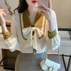 Women's Blouses & Shirts France Spring Casual Chiffon Office OL Shirt Korean Ladies Vintage Elegant Blouse Long Sleeve Patchwork Bow Chic To