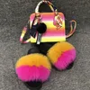 Slippers Rainbow Chain Set Set Set Fluffy Sandals Slides и сумочка мода