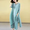 Women's Two Piece Pants Summer Autumn Large Size Long Abaya Dubai Pleated Blouse Tunic And Wide Leg Woemn's Pieces Sets Designer Clothes