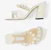 2022 Summer Luxury Brands Sandals Shoes Women Nappa Leather Mules with Pearl Embellishment Block Heels Lady Slippers & Mules EU34-43