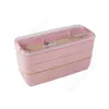 Portable Lunch Box 3 Grid Wheat Straw Bento Transparent Cover Food Container Work Travel Studentr Inventory Wholesale 360pcs DAS457