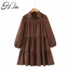 HSA European Fashion Women Casual Plaid Dresses Wid Down Collar Ruffles Pleated Straight Loose Style Summer Robe Boho Dress 210716