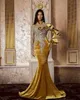 2022 Plus Size Arabic Aso Ebi Gold Luxurious Mermaid Prom Dresses Lace Beaded Crystals Evening Formal Party Second Reception Birth9323207