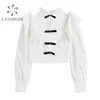 Blanc Col Carré Sexy Crop Blouses Femmes Spliced Bownot Ruffle Design Lanterne Chemises À Manches Longues Femme Élégant Rok Bar Tops 210515