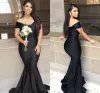 In Stock Black Mermaid Long Bridesmaid Dresses Plus Size Off Shoulder Floor length Garden Maid of Honor Wedding Party Guest Gown BC01214