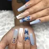 False Nails 24pcs/Box Blue Butterfly Design FrenchBallerina Coffin Detachable Wearable Full Cover Press on Nail Fake Tips Prud22