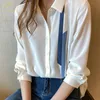 H Han Queen Vrouwen Lente Herfst Single Breasted Kraag Shirts Kantoor Werk Blouse Chiffon Vintage Losse Tops 220726