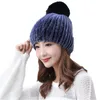 Real Rex Rabbit Hats for Women Winter Warme Beanie Cap med Fox Fur Pom Pom Pom