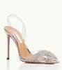 Top Luxury aquazzuras Gatsby Sandalias Zapatos Mujer Slingback Crystal Swirls PVC Toecaps Bombas Punta estrecha Lady Party Wedding High He1814912