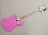 Guitare basse électrique rose à 4 cordes avec bloc de touche en érable incrustation noire