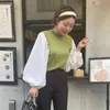 Kadın T-Shirt Sonbahar 2022 Moda Mizaç Kadınları Japon Tarzı Renk Kontrast Bir Ekleme Yuvarlak Boyun Fener Kılıf Kazak