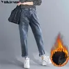 Herbst Winter Jeans Frau Hohe Taille Jeans Fleece warme Frau Langes Pantalon Dicke blaue Baumwolle Denim Frauen Hosen neu 210412