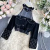 2022 Summer Vintage Sexig lång ärm Tvådelt klänning Axless Chain Halter Hollow ut denim Top Short Mini kjol Set Women