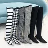 Kvinnors nya modestövlar Autumn Winter Stretch Knit Sock Coin Ankle Over Kne Thigh High Boots Low Heel Pointed Toe