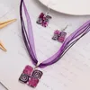 Earrings & Necklace Fashion Jewelry Sets Vintage Leather Rope Ribbon Chain Purple Natural Stone Square Geometry Enamel Pendant SetEarrings
