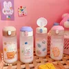 EGOING Transparent Glass Water Bottle With Straw Cartoon Frosted Leakproof Travel Drinkware Cute Kids Student Girl Gift Cups 220509