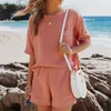 Letnie swobodne bawełniane lniane zestawy kieszeni koszuli z krótkim rękawem i elastyczne spodenki Dwukierunkowe zestaw kobiet na plaży Solid Dutfits Tracksuit 220616