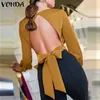 2019 Vonda Summer Women Backless Bluzka Sexy Club Tops Vintage Causal Bowknot Bluzja