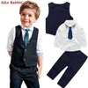 Gentleman Boys Set Gilet Camicia Pantaloni 3 pezzi Abiti Moda Brillante Colletto Cravatta Abbigliamento Manica lunga Autunno K1 220507