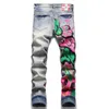 Męskie dżinsy męskie kolorowe Doodle malowane Denim Streetwear Punk rozciągliwe spodnie z nadrukiem guziki dziury zgrywanie obcisłe spodnie obcisłe