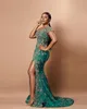 2022 Plus Size Arabic Aso Ebi Hunter Green Mermaid Prom Dresses Lace Poed High Split Evening Formal Party Second Reception Dress Bress B0513