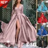 Party Dresses HENCHIRY Upgrade Women Fashion Elegant Deep V-Neck Long Sleeve Lace A-line Dress Split Hem Formal Evening Gown