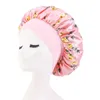Neu Satin-Mütze mit Rosen-Blumendruck, breites Band, Stretch-Headwrap, Nachtschlaf-Mütze für Frauen, weiche Kopfbedeckung, Haarpflege, Chemo-Mütze