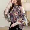 여성용 블라우스 셔츠 의류 femme 2022 여성 여성용 여성용 꽃 무늬 쉬폰 블라우스 Mujer Ruffles Butterfly Sleeve Pink Blusas Plus Siz